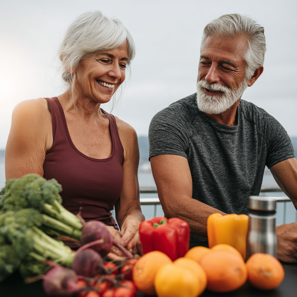 Active middle-aged adults practicing healthy lifestyle with natural foods