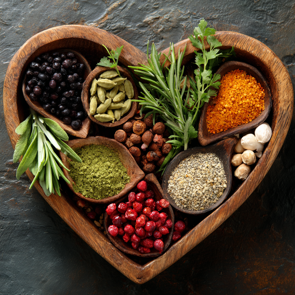 Natural heart care for middle-aged adults with herbs and healthy foods